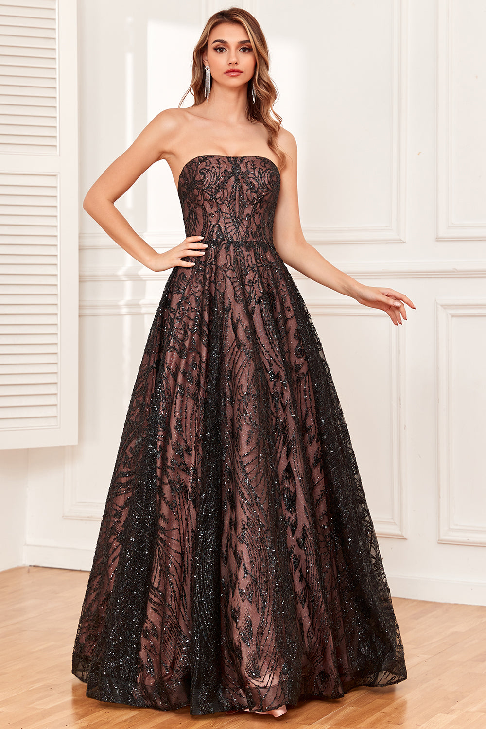 Black Strapless A Line Prom Dress with Beading