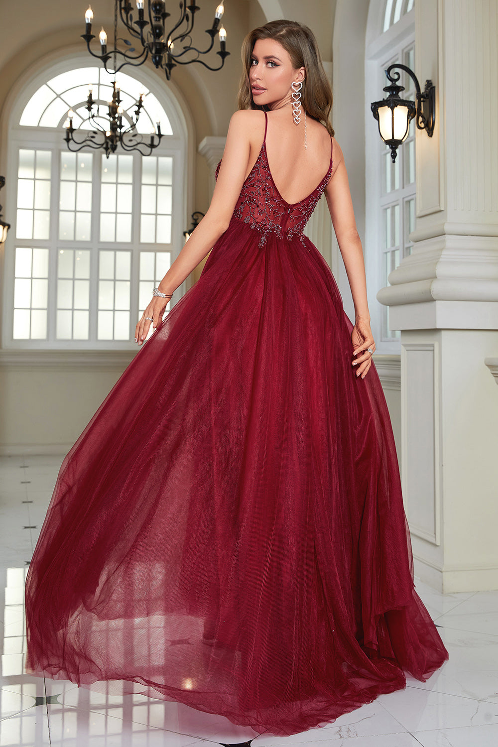 Sparkly Burgundy Beaded Long Tulle Prom Dress with Slit