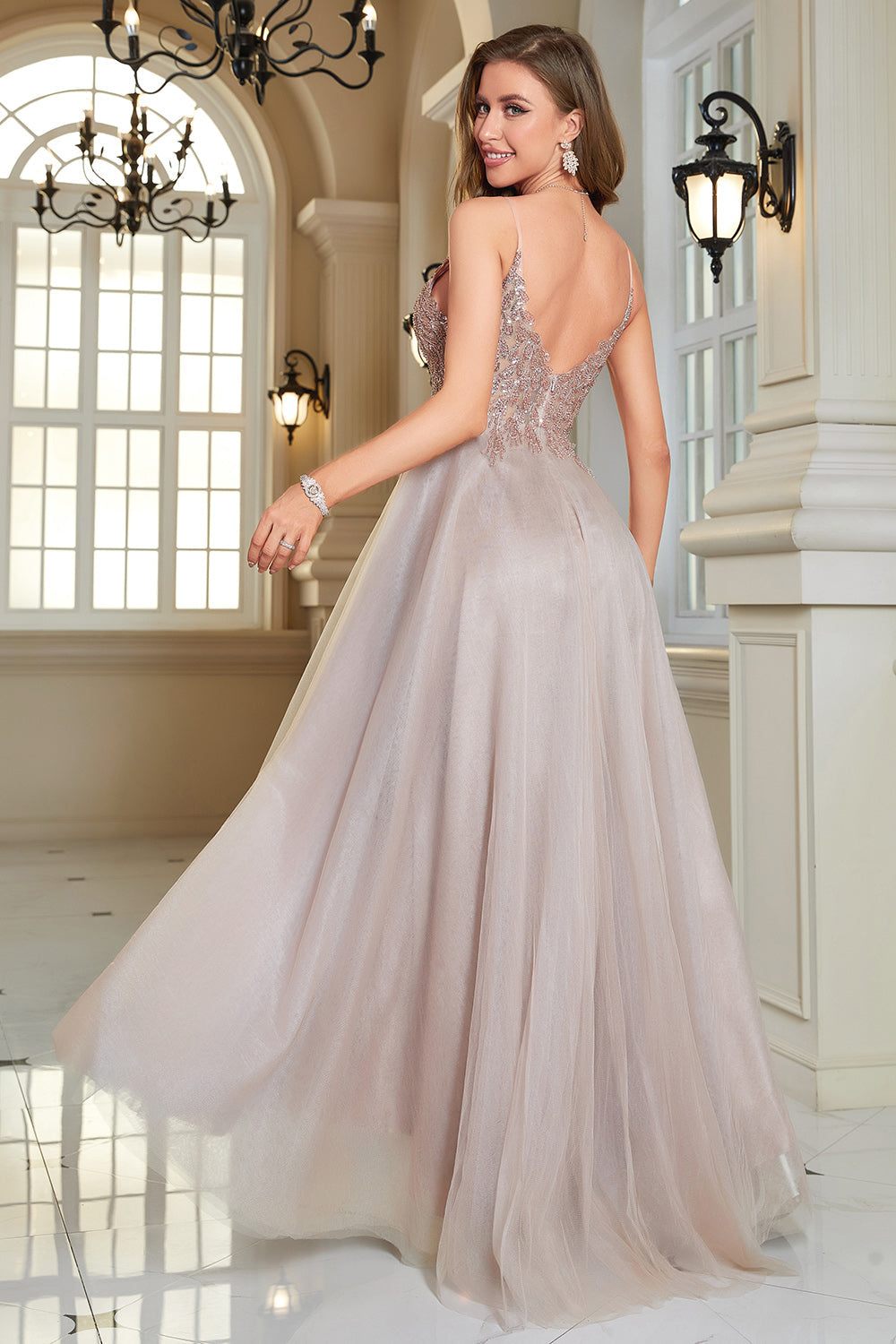 Glitter Blush A-Line Tulle Long Prom Dress with Lace