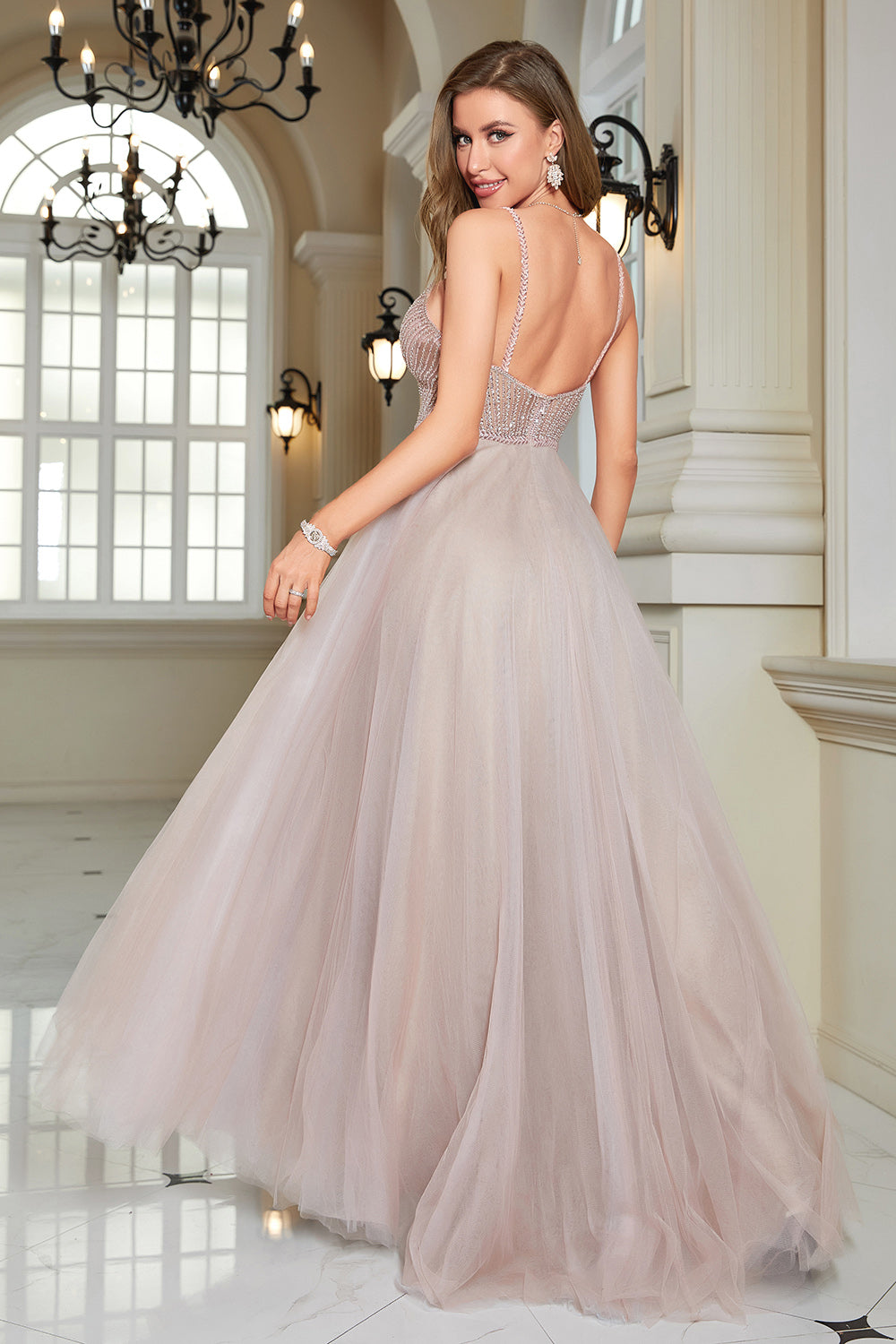 Sparkly Blush Beaded A-Line Long Formal Dress