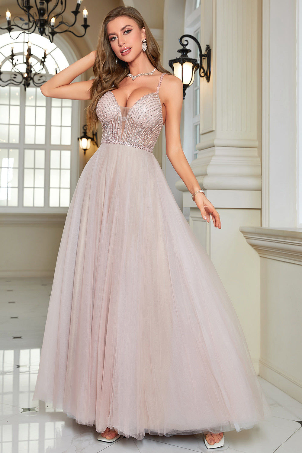 Sparkly Blush Beaded A-Line Long Formal Dress