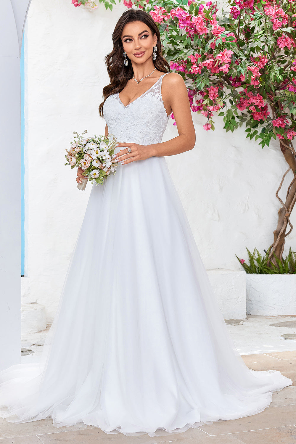 Ivory V-Neck Tulle Sweep Train A Line Wedding Dress with Lace