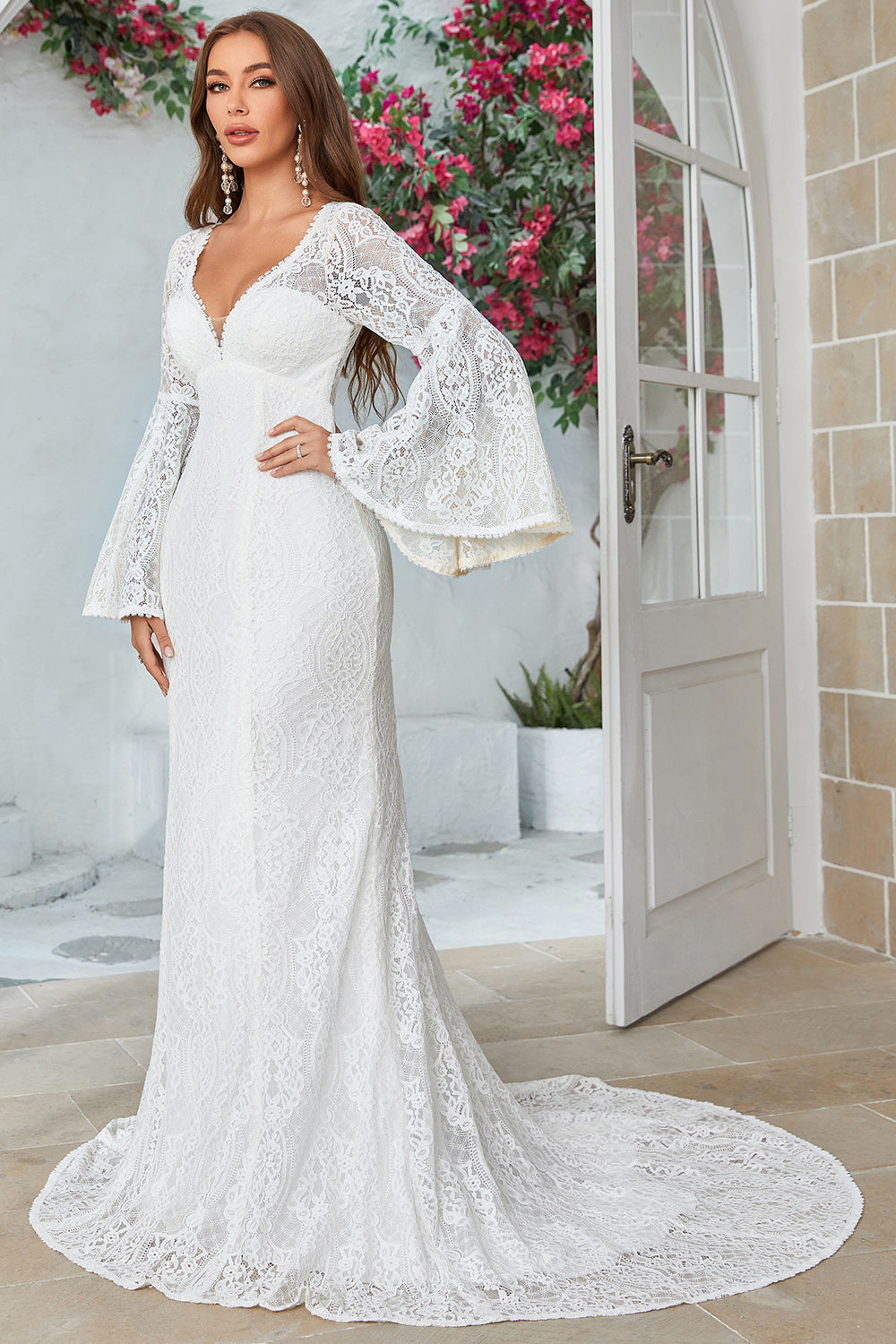 Ivory Mermaid Lace Flare Sleeves Wedding Dress