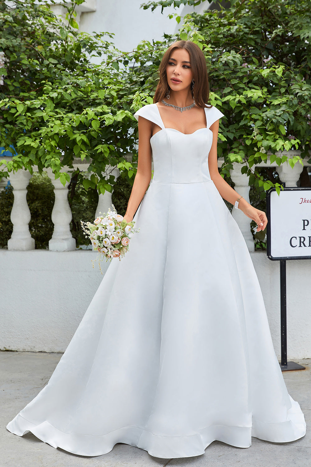 Simple Ivory Satin A-Line Wedding Dress