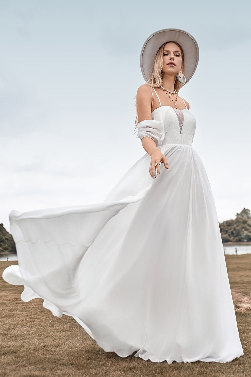 Off The Shoulder Ivory Boho Chiffon Ruched A Line Wedding Dress