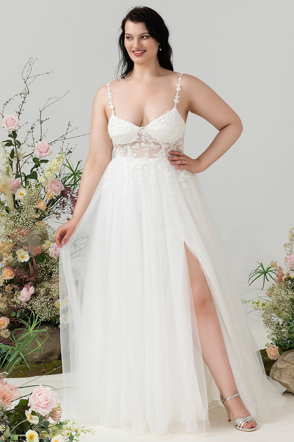 Ivory Spaghetti Straps Tulle A Line Wedding Dress with Slit