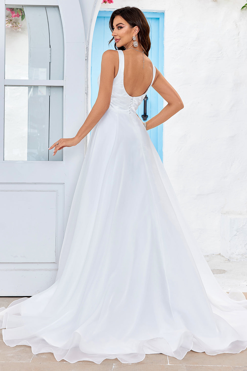 Simple Ivory Organza Scoop Neck Sweep Train A Line Wedding Dress