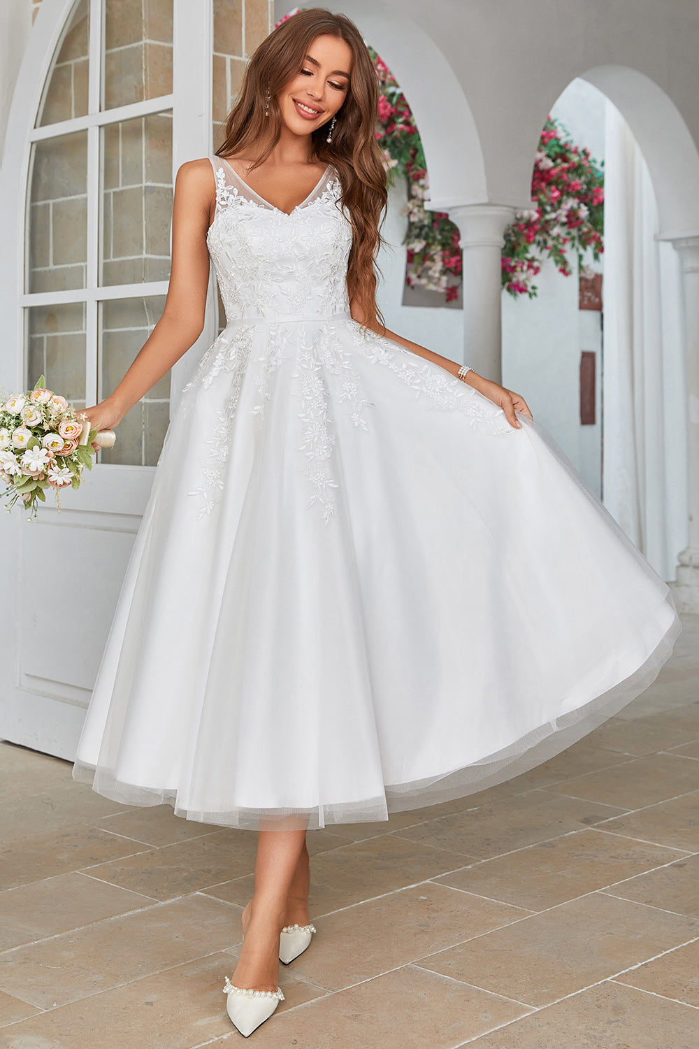 White Mid-Calf Tulle Wedding Dress with Lace