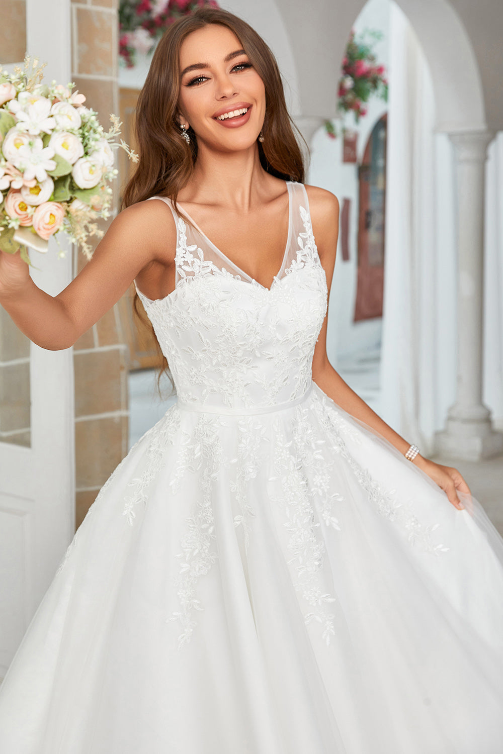 White Mid-Calf Tulle Wedding Dress with Lace